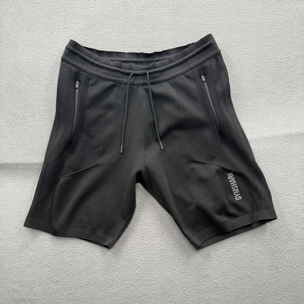 Gymshark Shorts Mens Medium Black Knit Zip Pockets 9 Inseam Athletic Running Gym